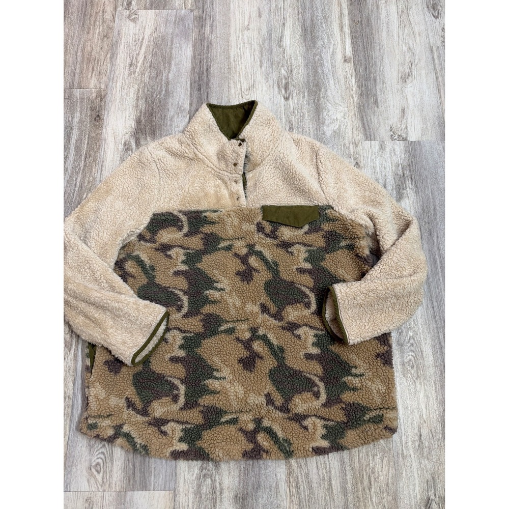 Entro Womens Size XL Sherpa Fleece Camo Snap Neck Pullover Jacket Cream Olive